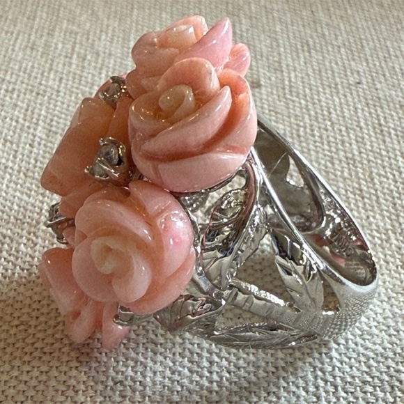 Carol Brodie Rarities Sterling Silver Multi Carved Pink Coral Roses Topaz Ring 8 - Picture 2 of 8